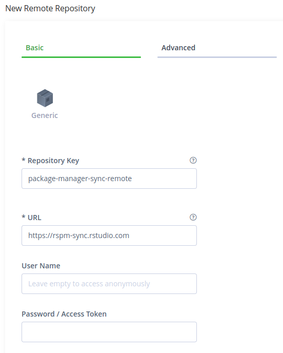 Screenshot in Artifactory showing the settings for the Remote Repository - Generic Type