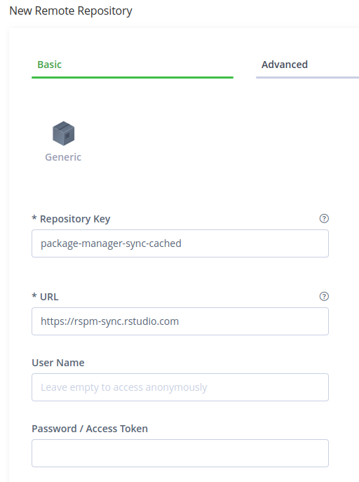 Screenshot in Artifactory showing the settings for the second Remote Repository