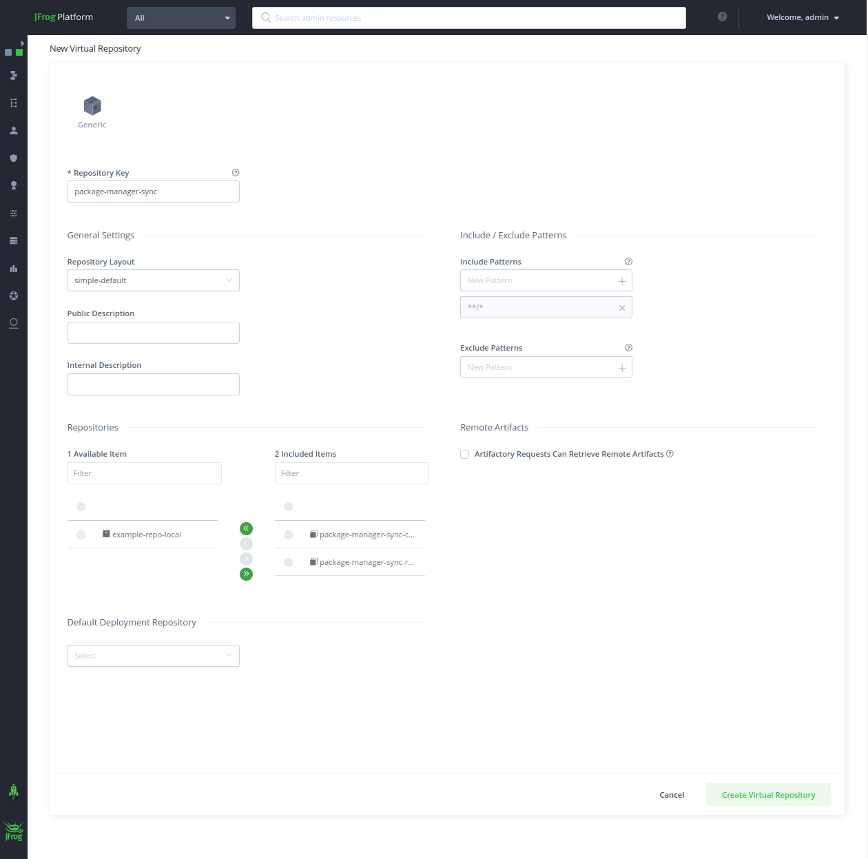 Screenshot showing how to add the repositories to the generic virtual repository