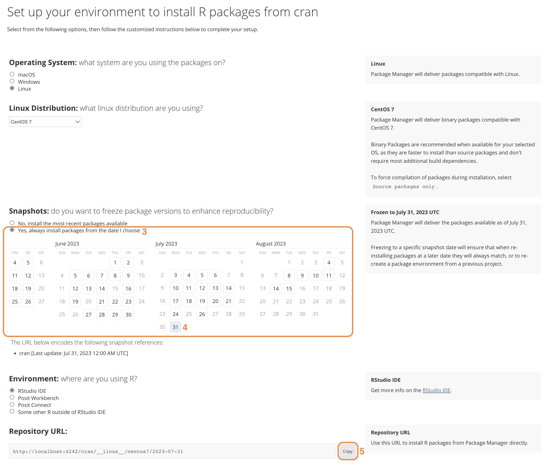 Package Manager Setup tab screenshot, showing snapshot calendar with binary and frozen URL