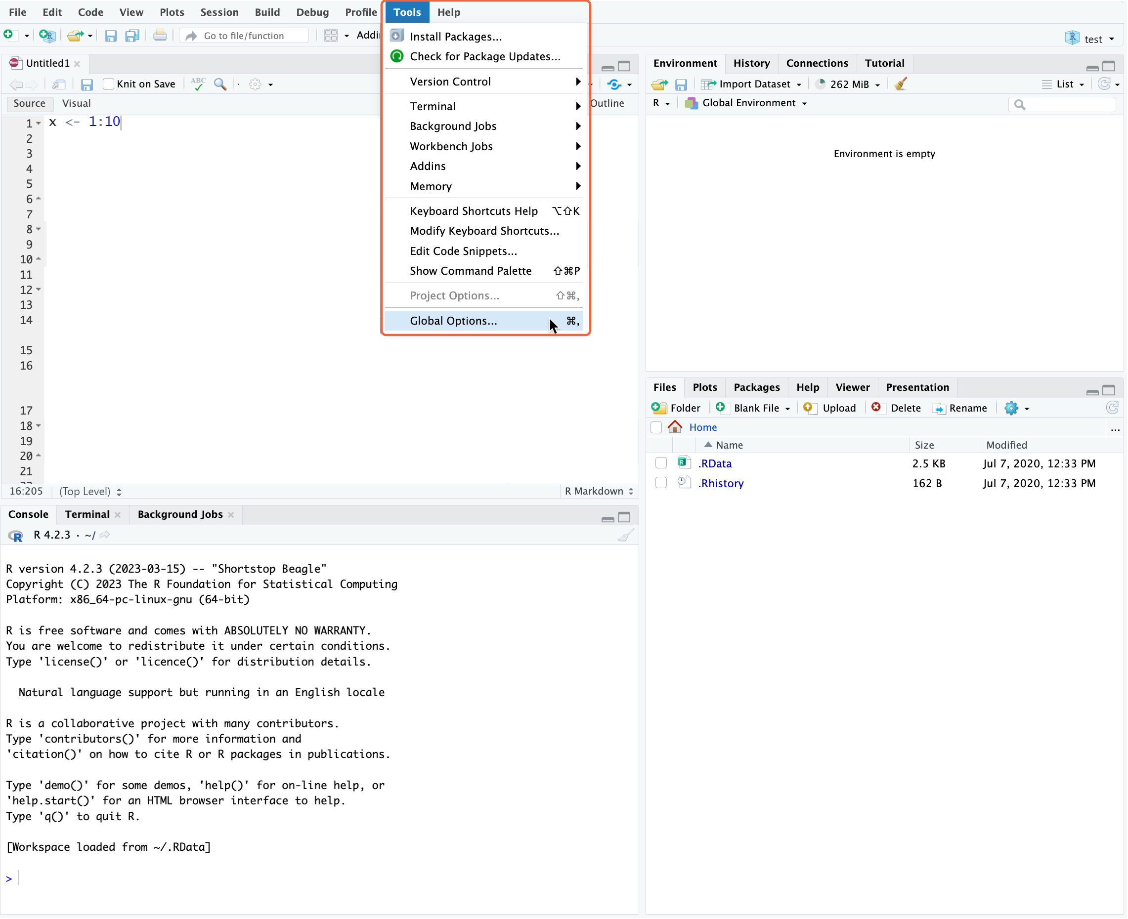 RStudio Desktop Tools > Global Options screenshot